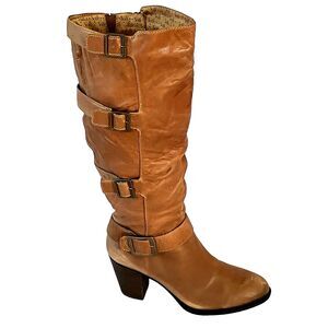 Sofft Leather Boots Slouch Riding 4 Buckle 18 in Knee Brown Zip 9 Womens Heel